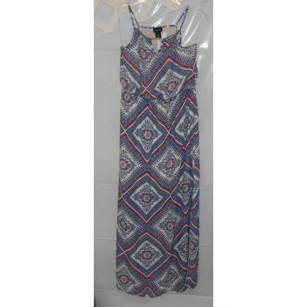 NEW Cute Long Maxi Paisley White Blue Spaghetti strap‎ Medium sun Country Dress!